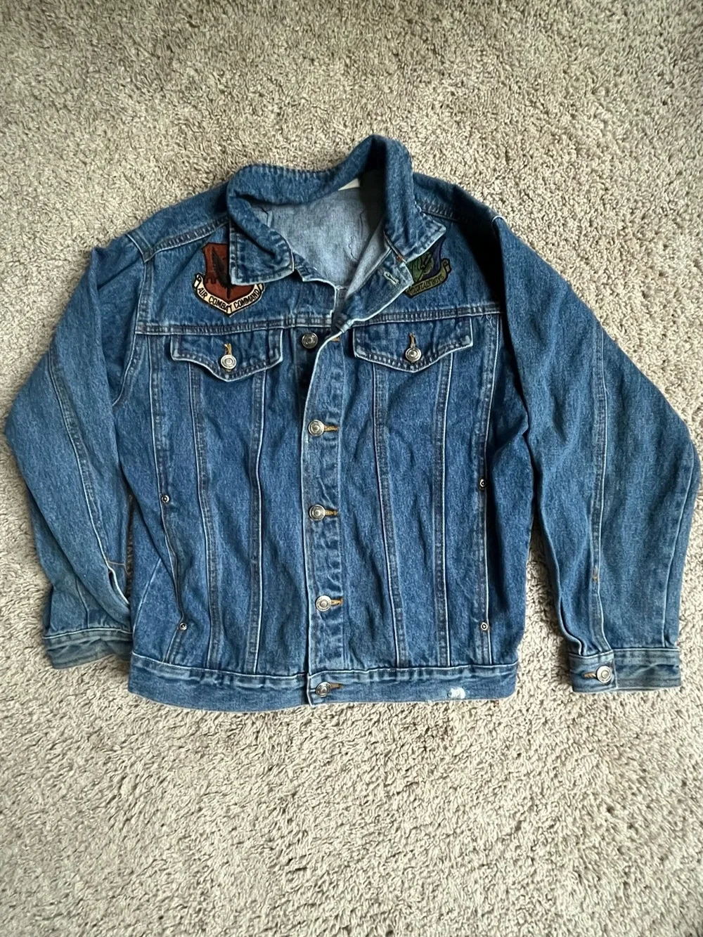 Men's Blue Denim Jacket with Embroidered Chest Patches
